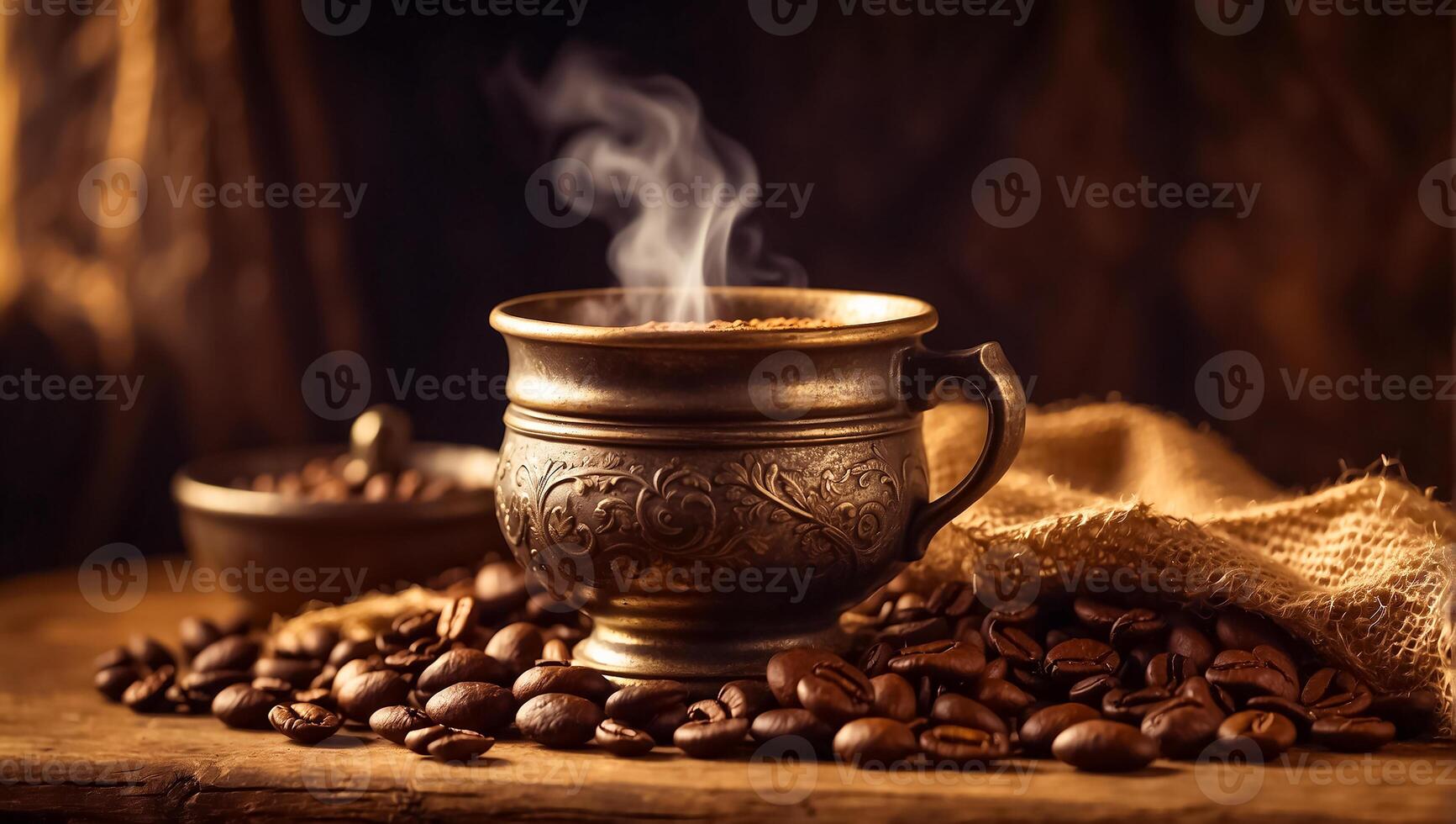 AI generated Cup of coffee, grains vintage background photo