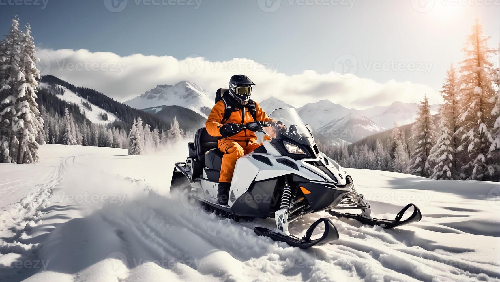 AI generated Racers ride a snowmobile in a winter suit in a beautiful magnificent snowy forest, mountains photo