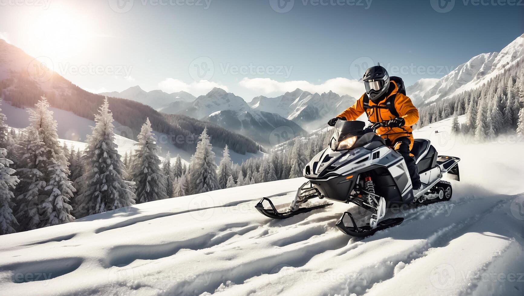 AI generated Racers ride a snowmobile in a winter suit in a beautiful magnificent snowy forest, mountains photo