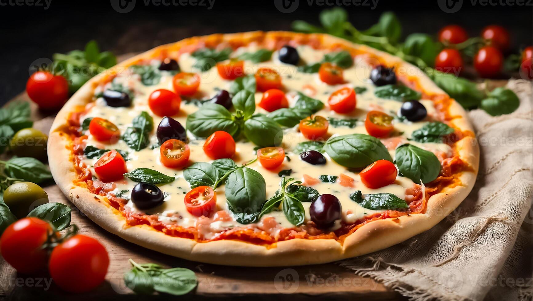 ai generado apetitoso Pizza con salmón, crema salsa, Tomates, Espinacas en el mesa foto