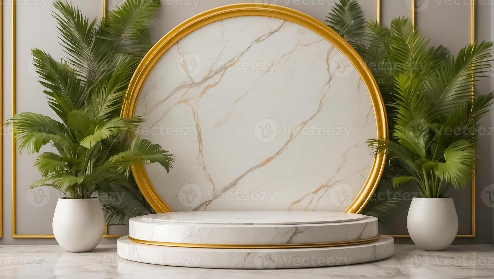 AI generated empty round marble podium, beautiful tropical leaves photo