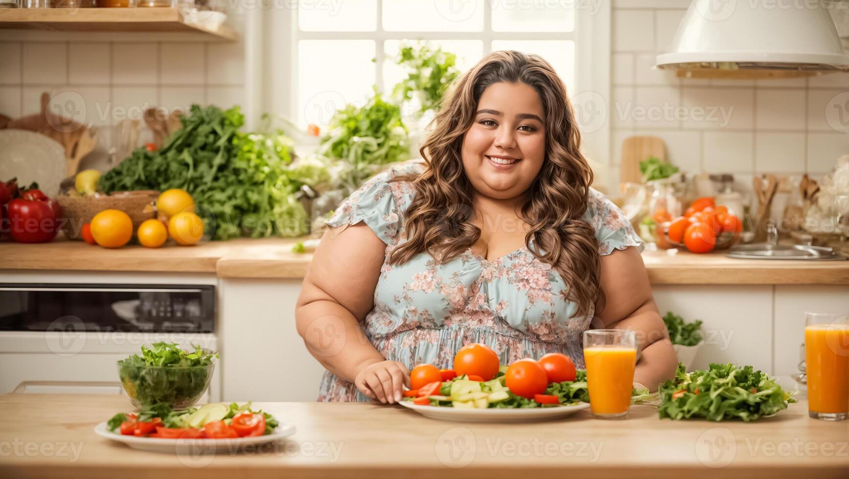 ai generado muy grasa mujer en el cocina con verduras, peso pérdida concepto foto