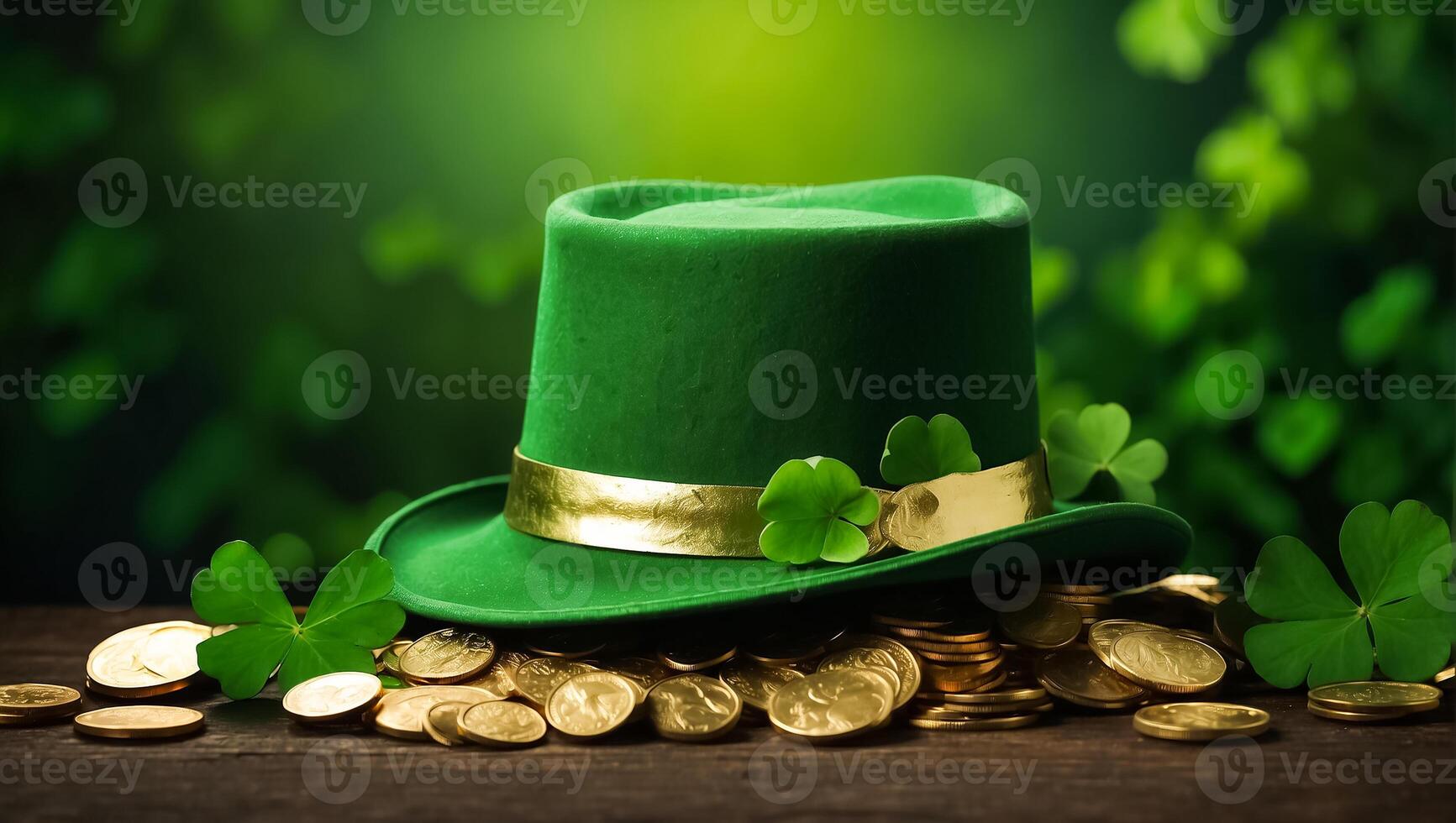 AI generated green Patrick's bowl, coins, clover leaves photo