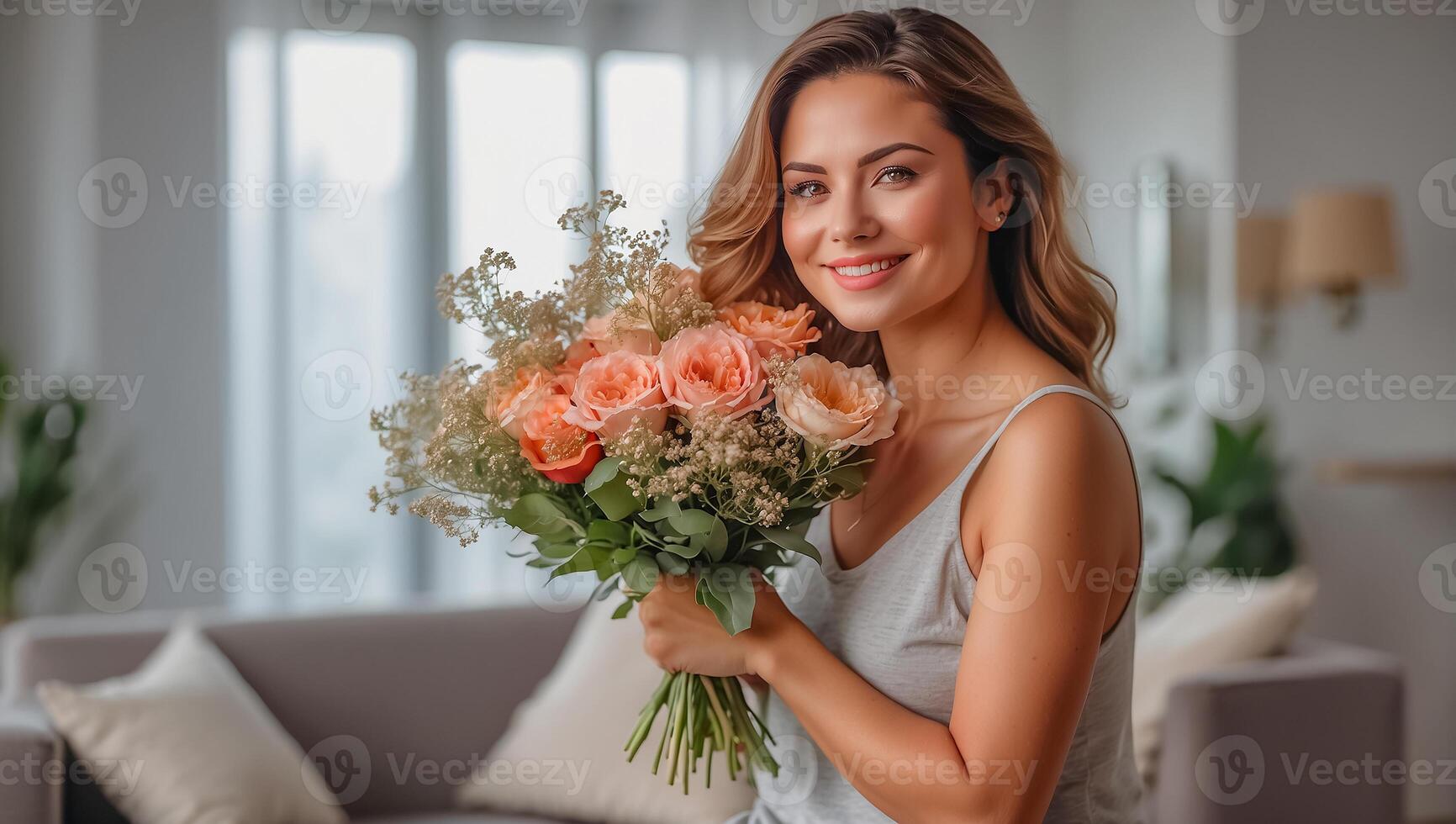AI generated Portrait of a beautiful woman with a bouquet of flowers in the living room photo