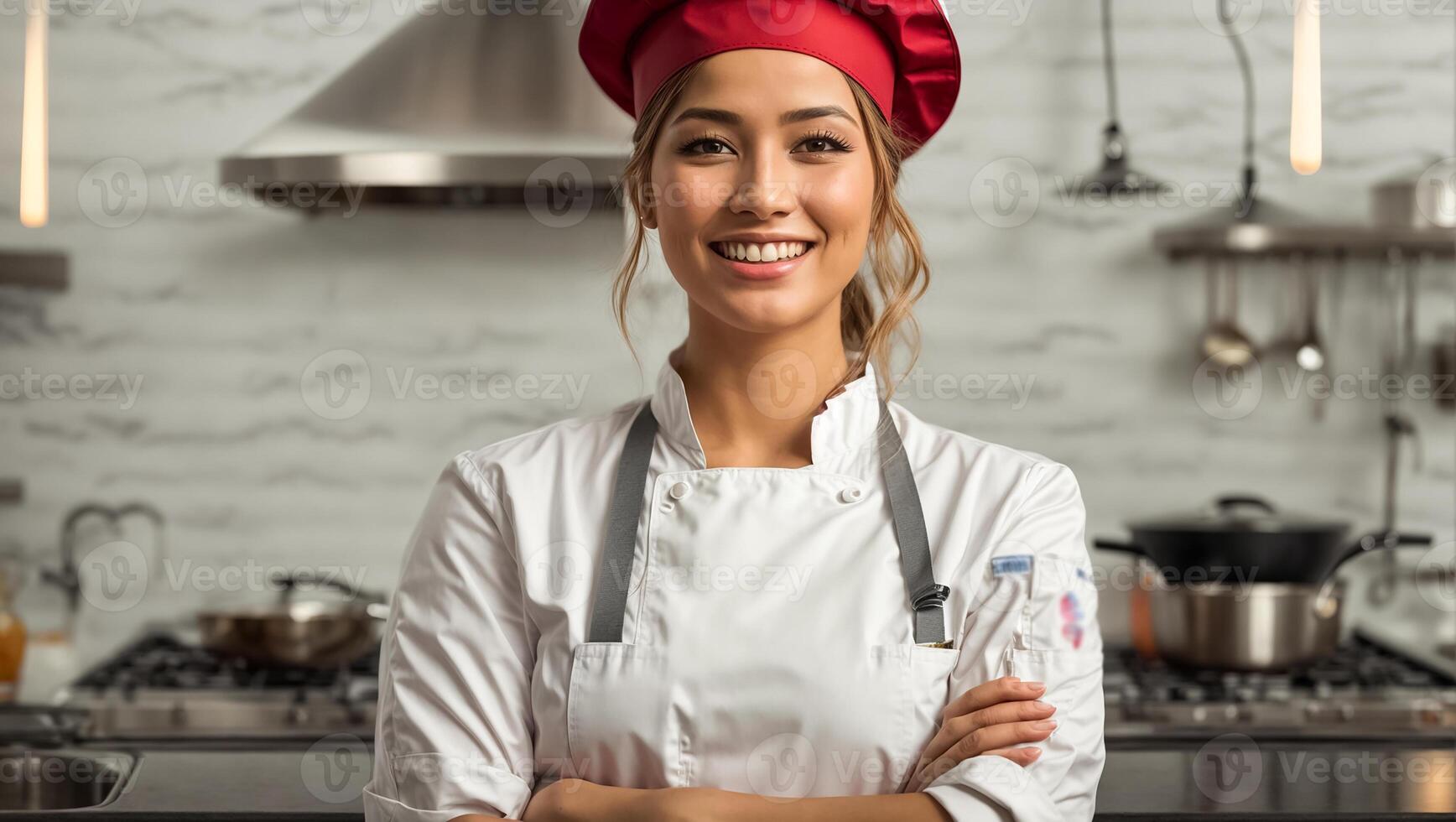 AI generated Happy woman cook in restaurant kitchen photo