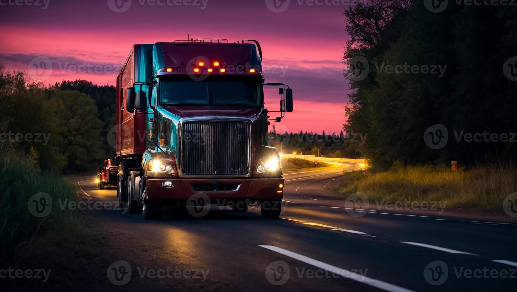 AI generated modern truck driving on the road at night in summer photo