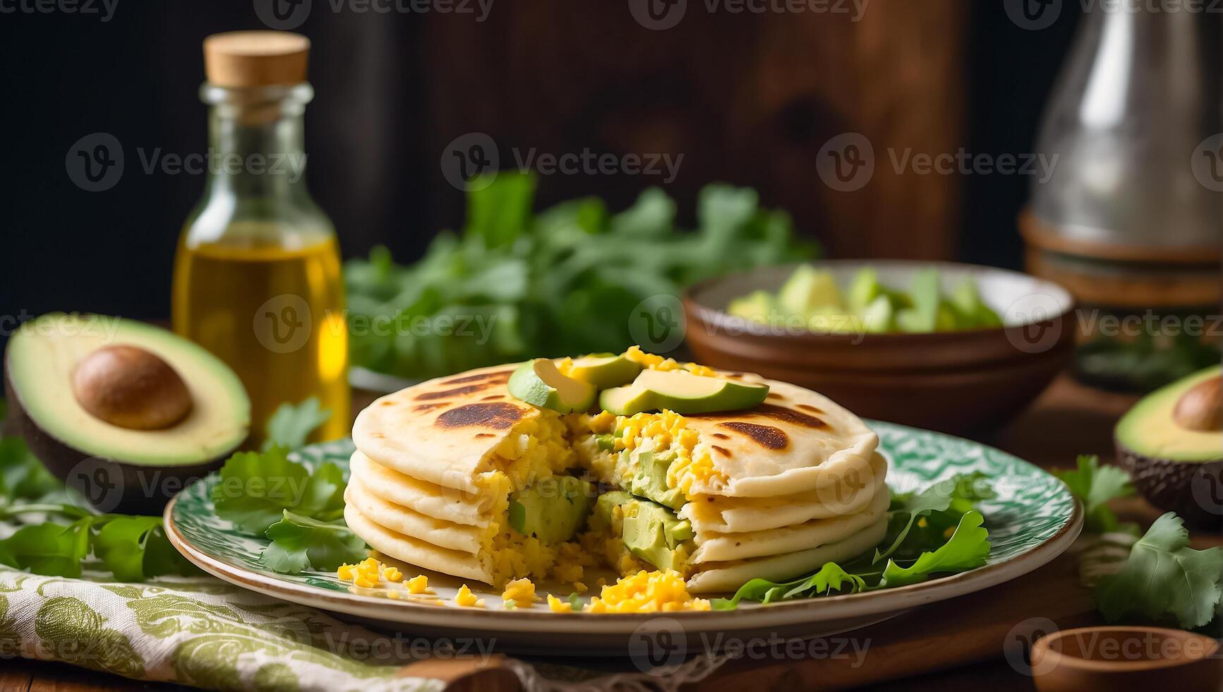 AI generated Delicious arepas, avocados in the kitchen photo