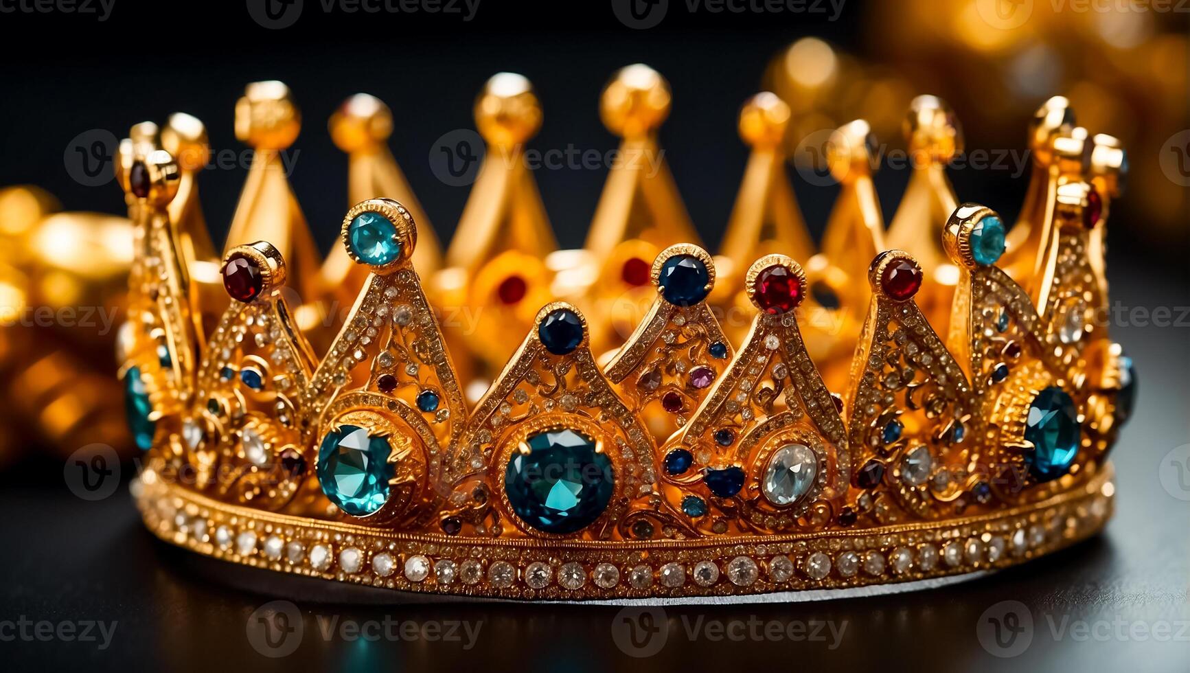 AI generated Beautiful golden crown with stones on a dark background photo