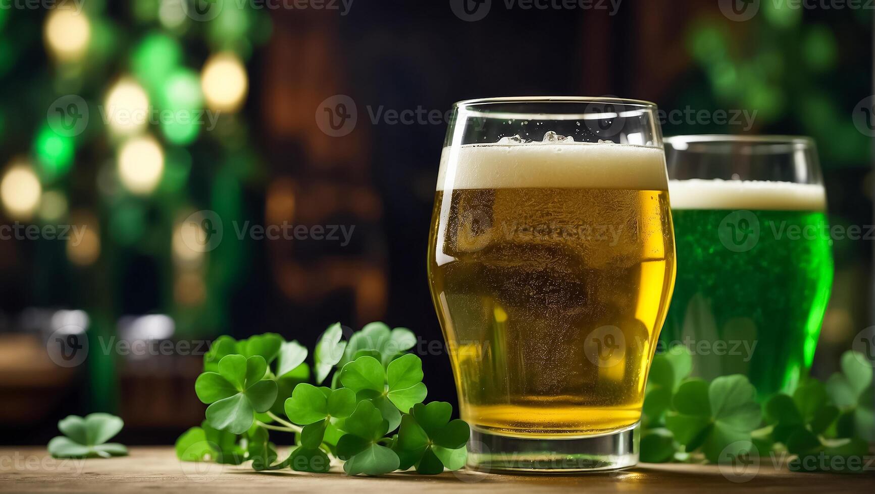 AI generated Glasses with green beer, clover leaves background photo