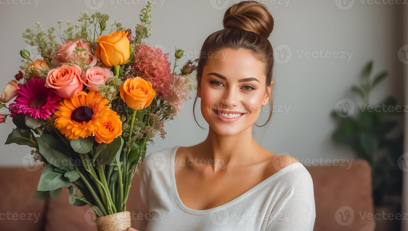 AI generated Portrait of a beautiful woman with a bouquet of flowers in the living room photo