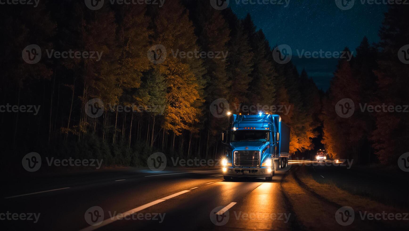 AI generated modern truck driving on the road at night in summer photo