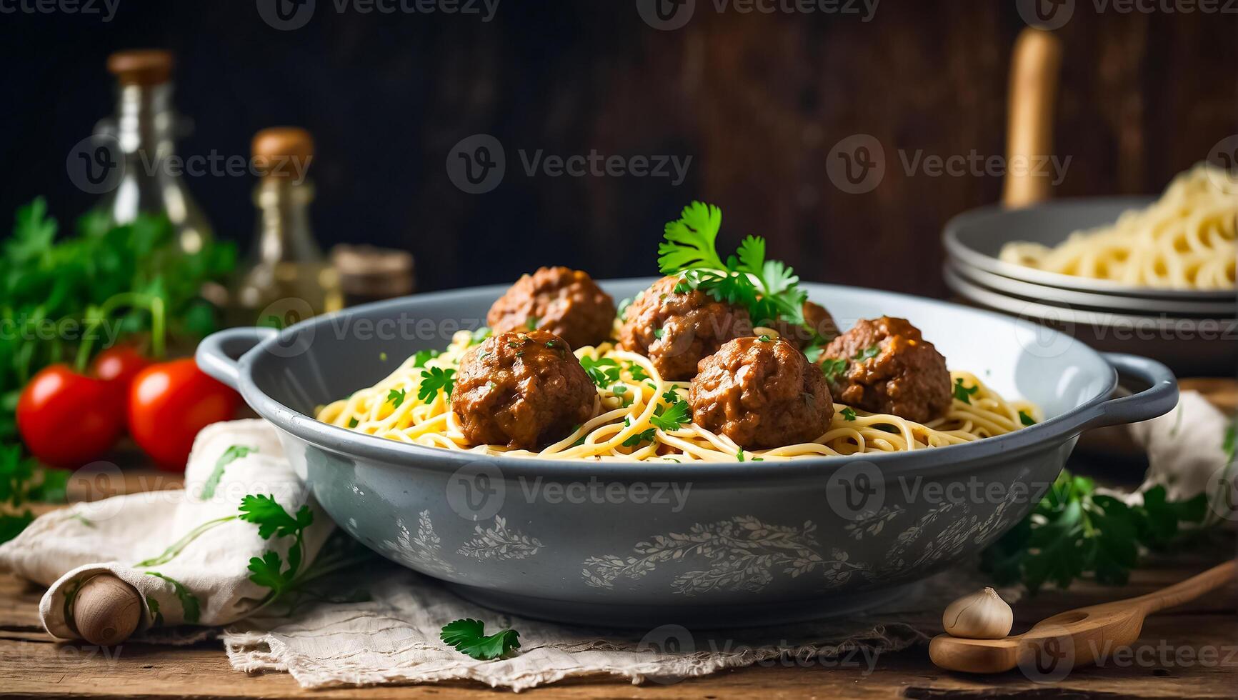 AI generated Delicious appetizing meatballs with spaghetti in the kitchen photo