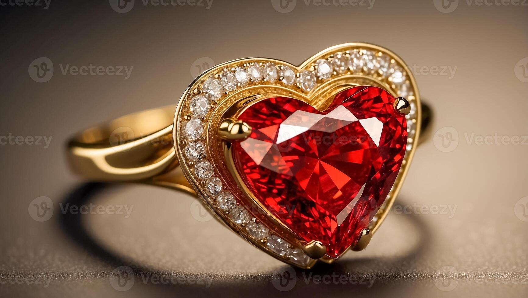 AI generated Beautiful gold ring with a red diamond in the shape of a heart photo