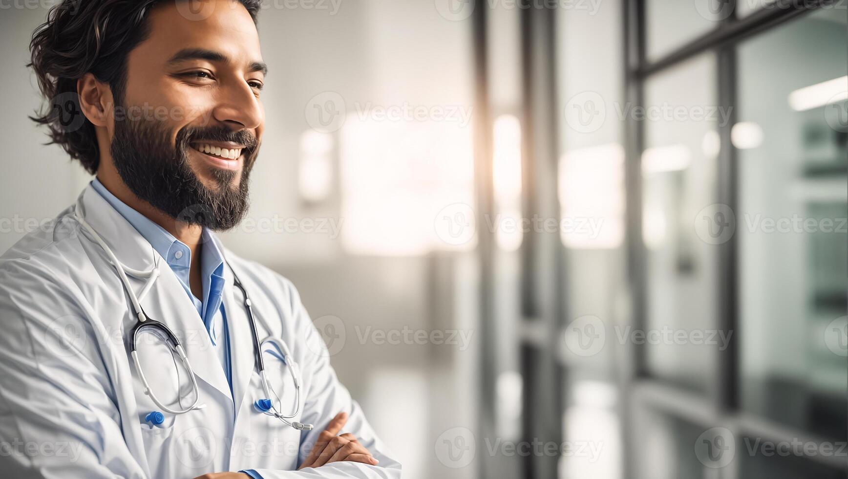 ai generado sonriente masculino médico en clínica foto