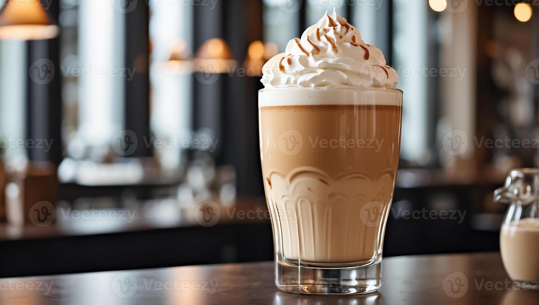AI generated Beautiful latte coffee with whipped cream in a glass in a cafe photo