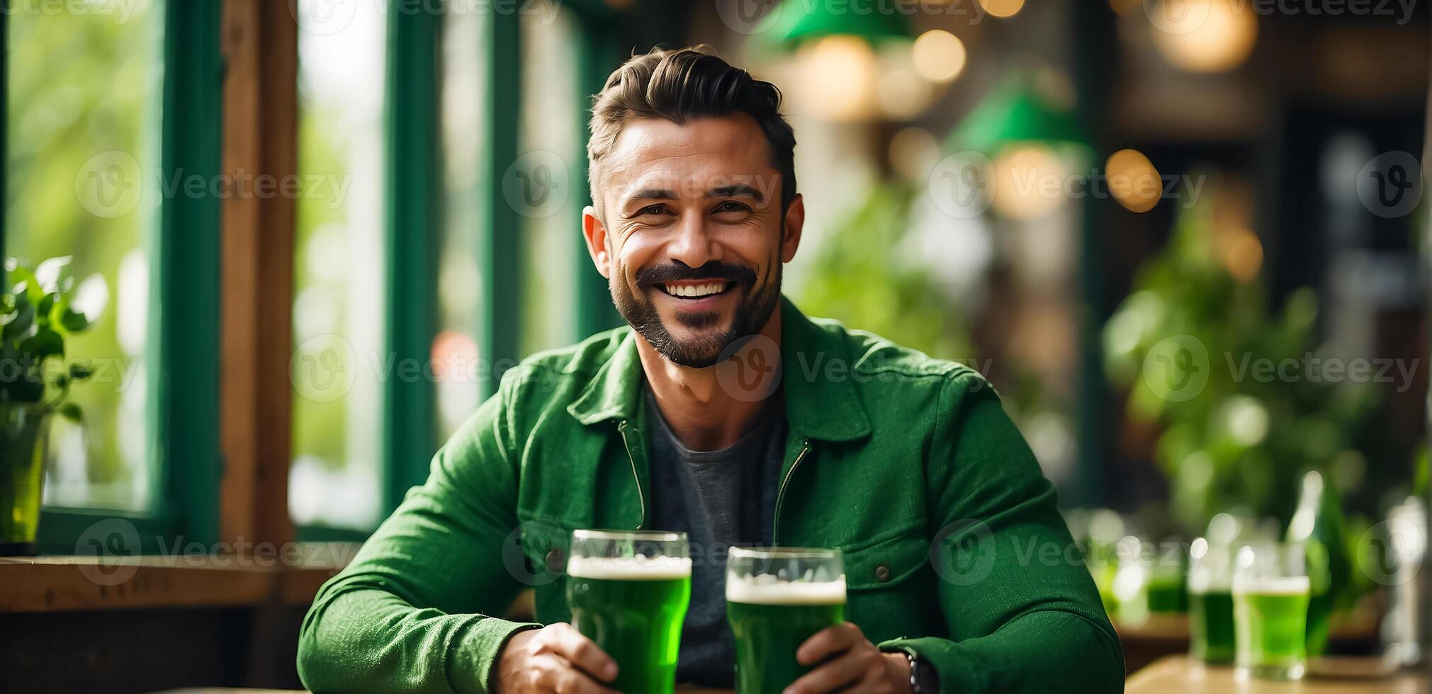 AI generated Man with Glass of Green Beer at Bar photo