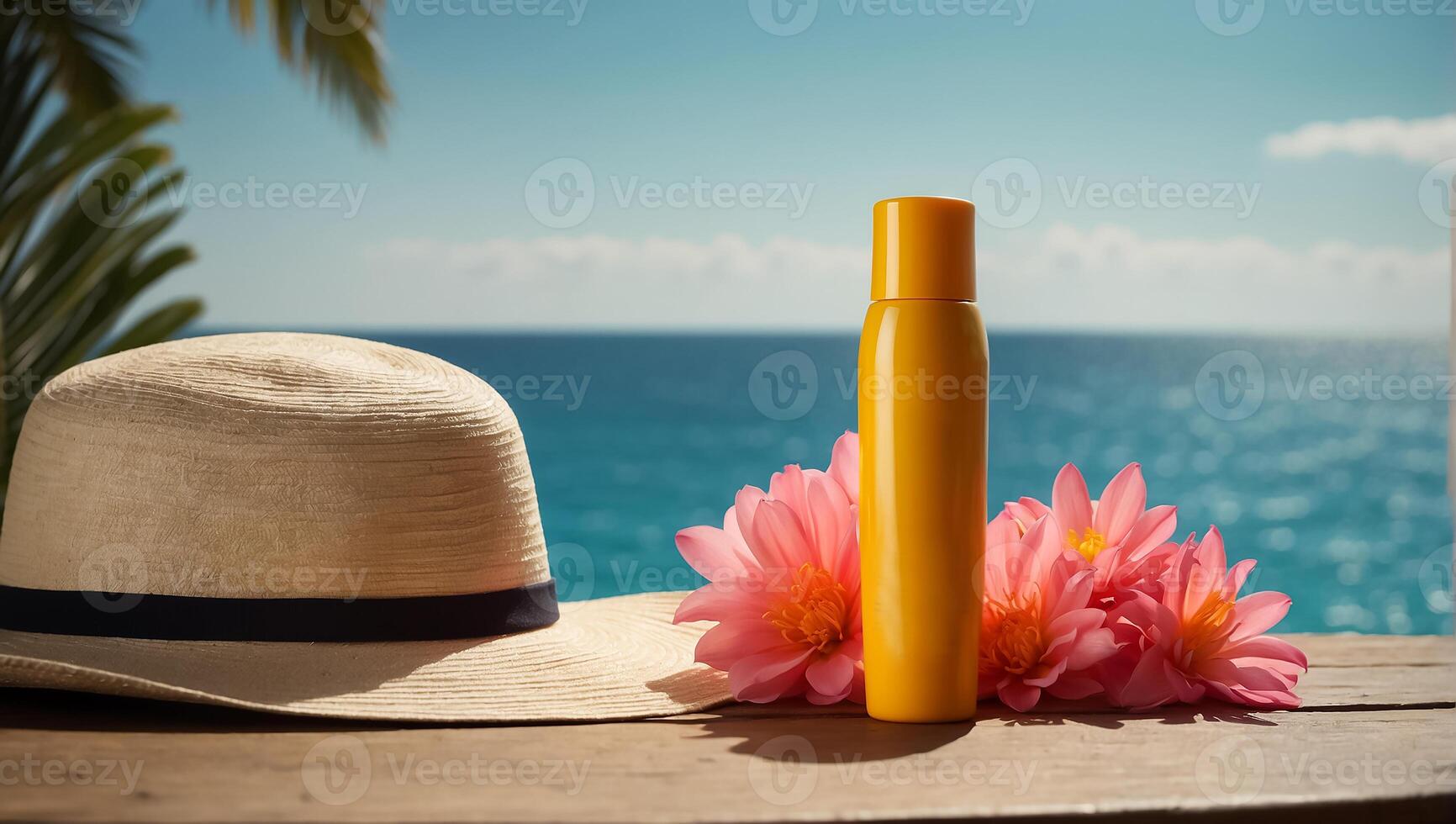 AI generated Sunscreen, hat, on sea background photo