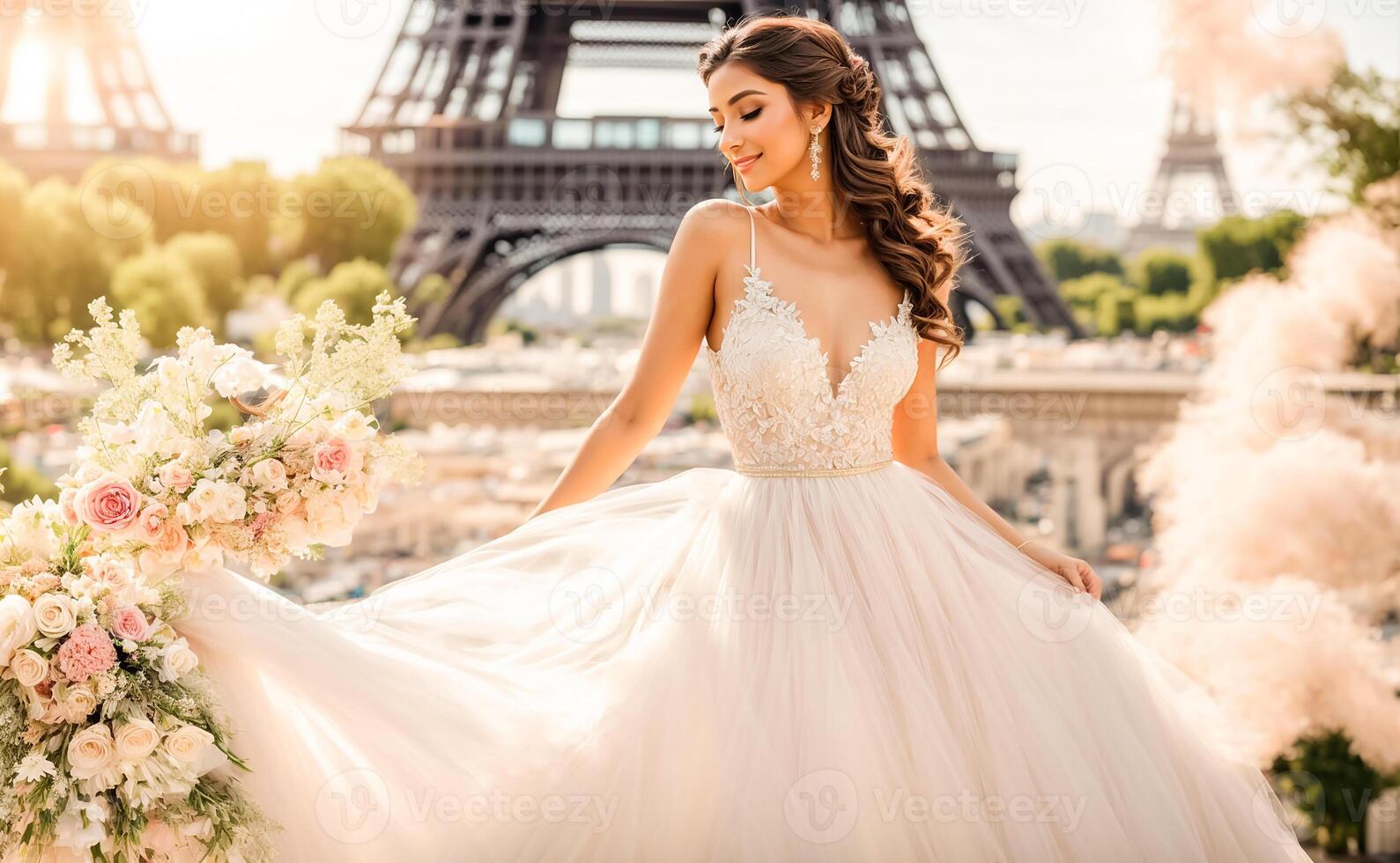 AI generated Beautiful bride in a white dress against the backdrop of the Eiffel Tower photo