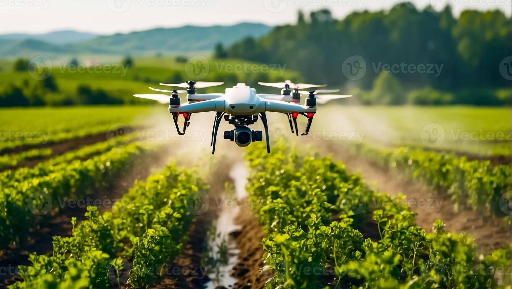 AI generated drone flies and sprays green plants in the beds photo