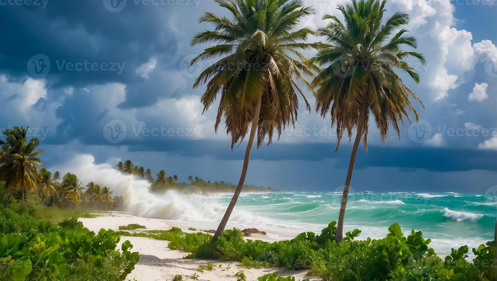 AI generated Strong wind tropical storm palm trees, ocean shore photo