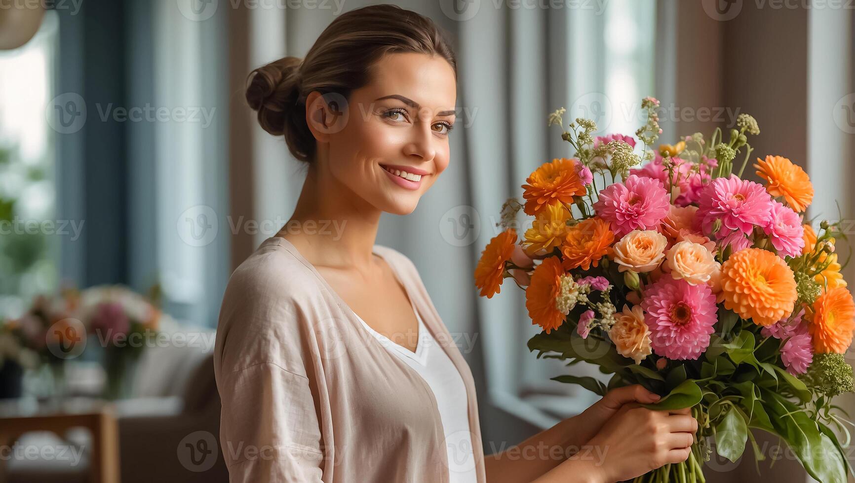 AI generated Portrait of a beautiful woman with a bouquet of flowers in the living room photo