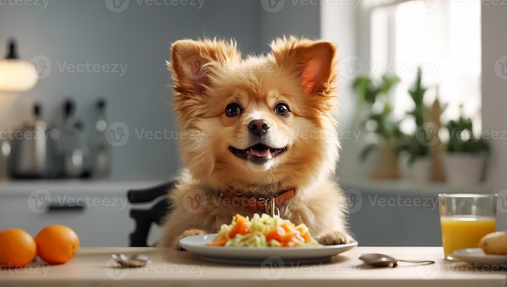 AI generated Cute dog sitting in the kitchen at the table photo