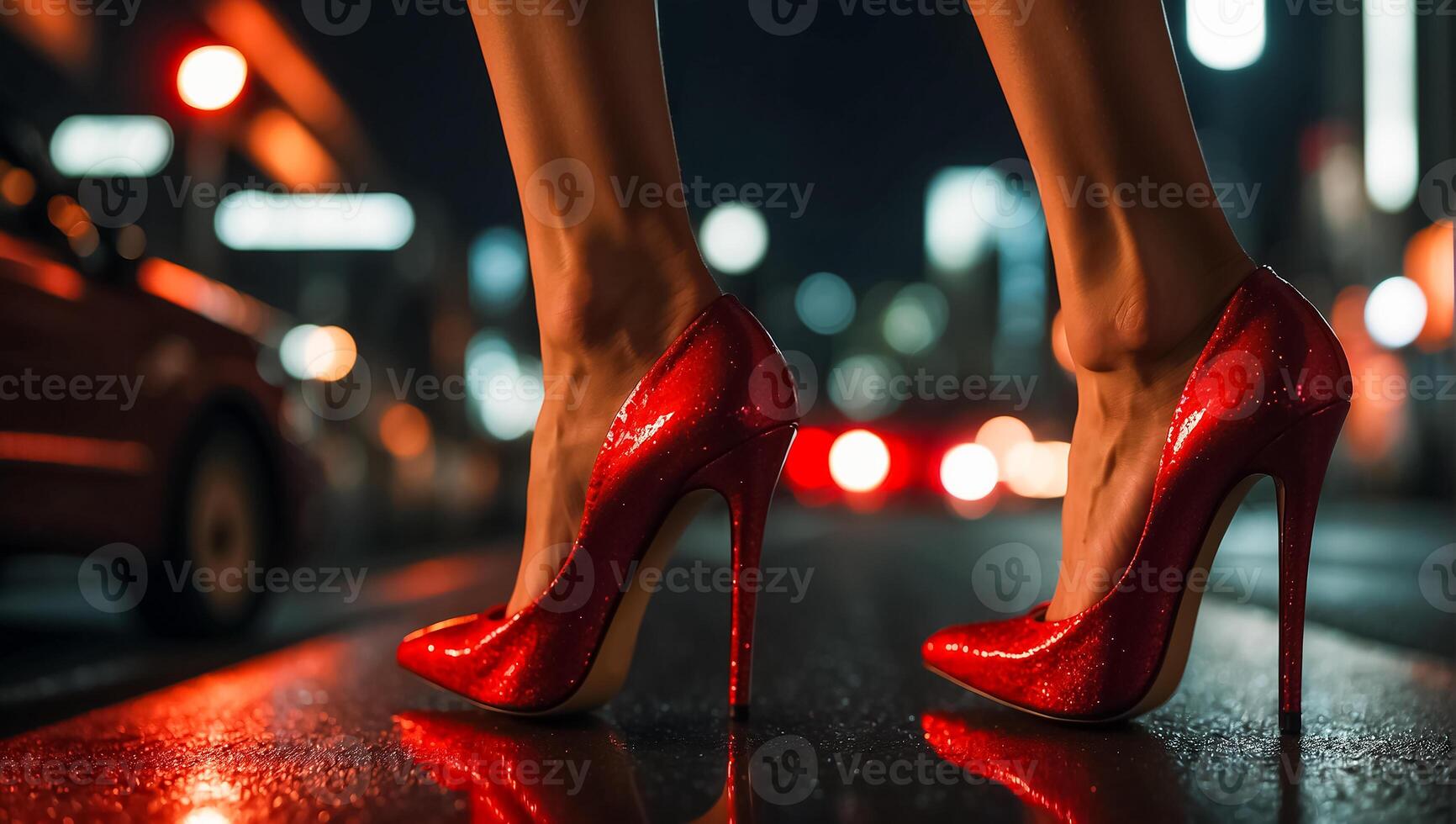 ai generado hembra piernas en hermosa rojo patentar cuero tacones de aguja a noche foto