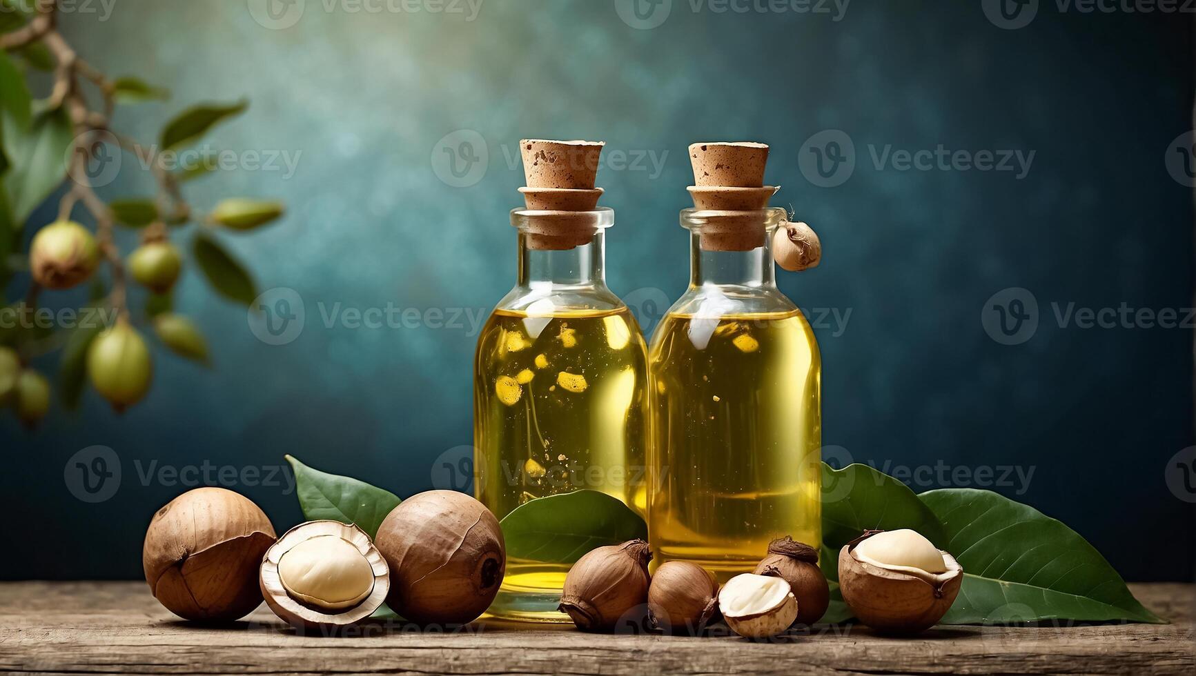 AI generated Cosmetic oil in a glass bottle, macadamia nut photo