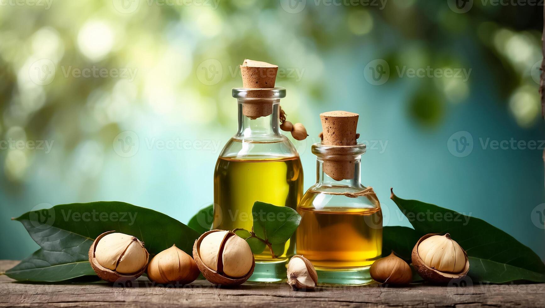 AI generated Cosmetic oil in a glass bottle, macadamia nut photo