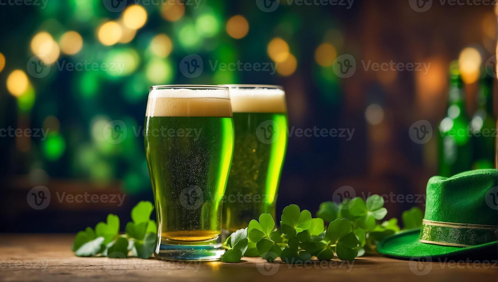 AI generated Glasses with green beer, clover leaves background photo