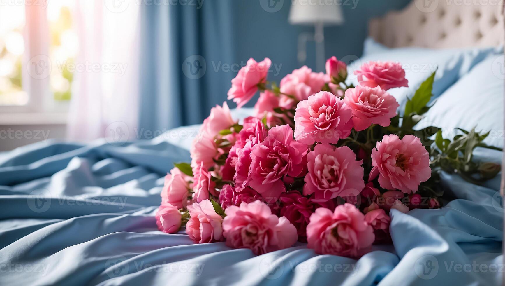 ai generado hermosa ramo de flores de flores en el cama foto