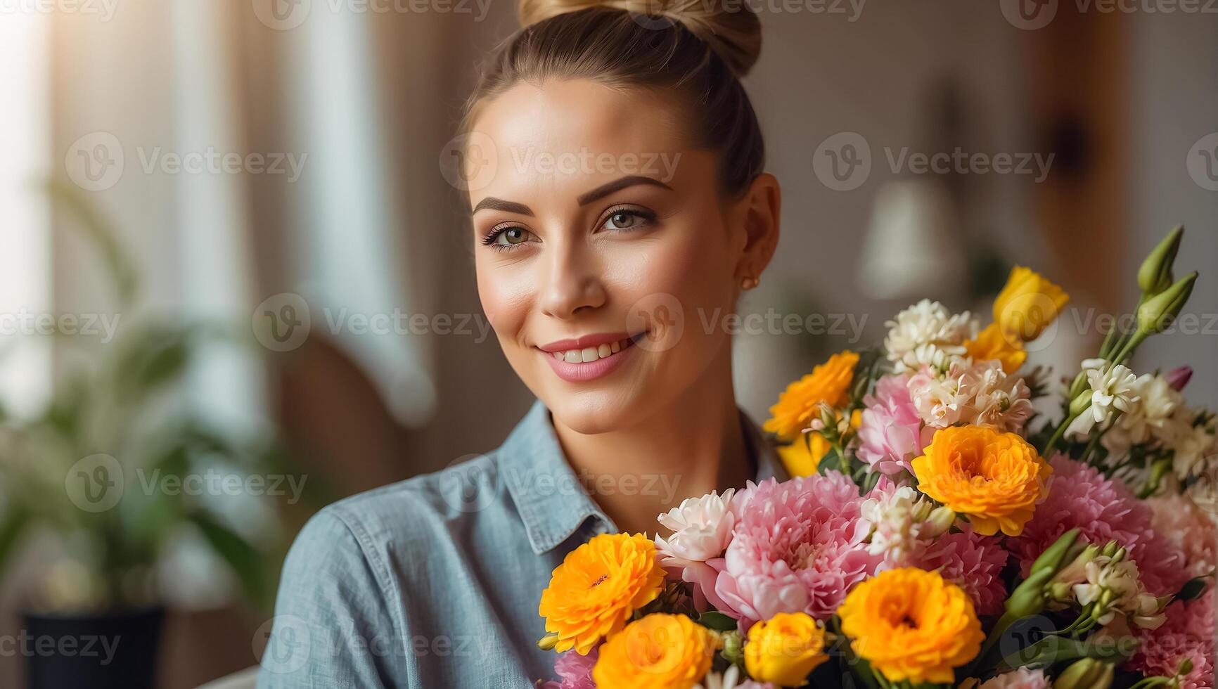 AI generated Portrait of a beautiful woman with a bouquet of flowers in the living room photo