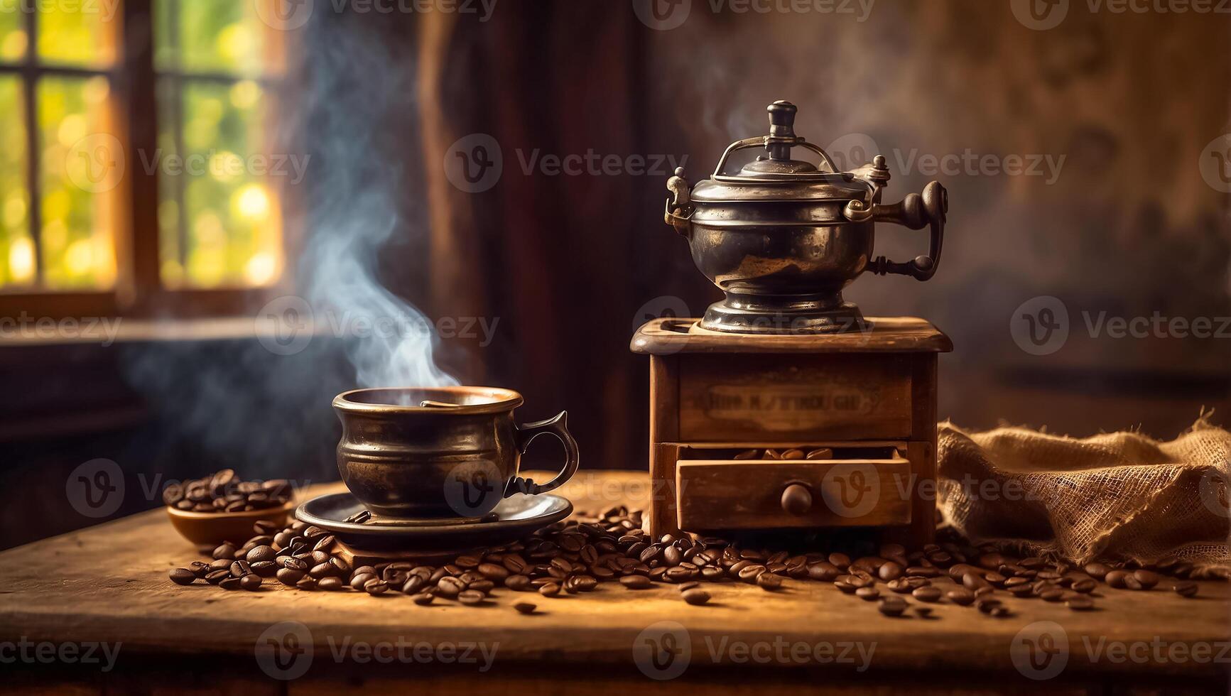 AI generated Cup of coffee, grains vintage background photo