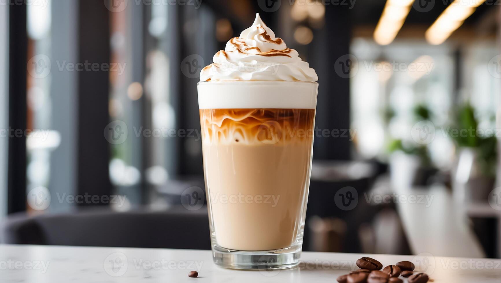 AI generated Beautiful latte coffee with whipped cream in a glass in a cafe photo
