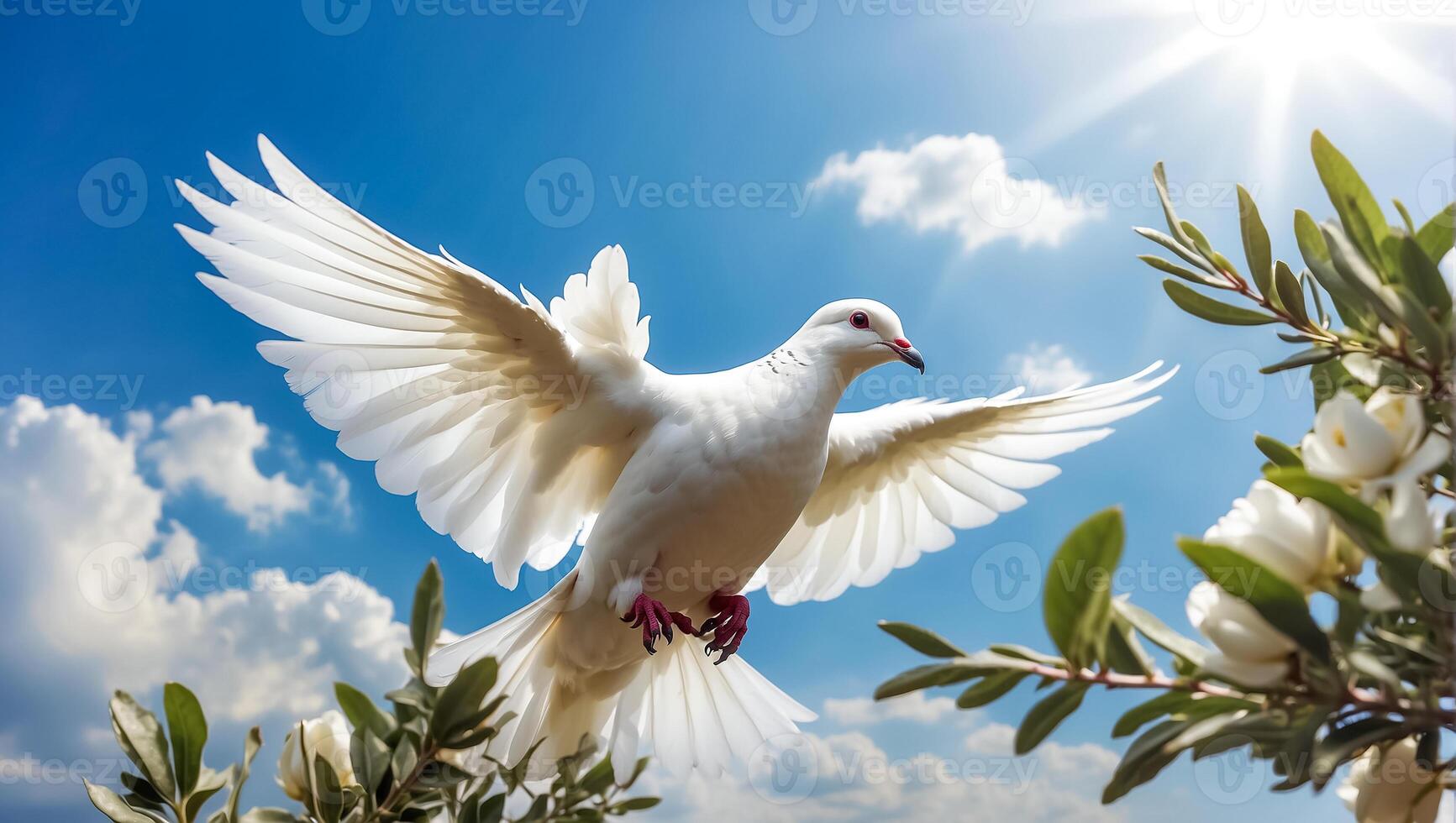 AI generated White dove against the sky with clouds, branch photo