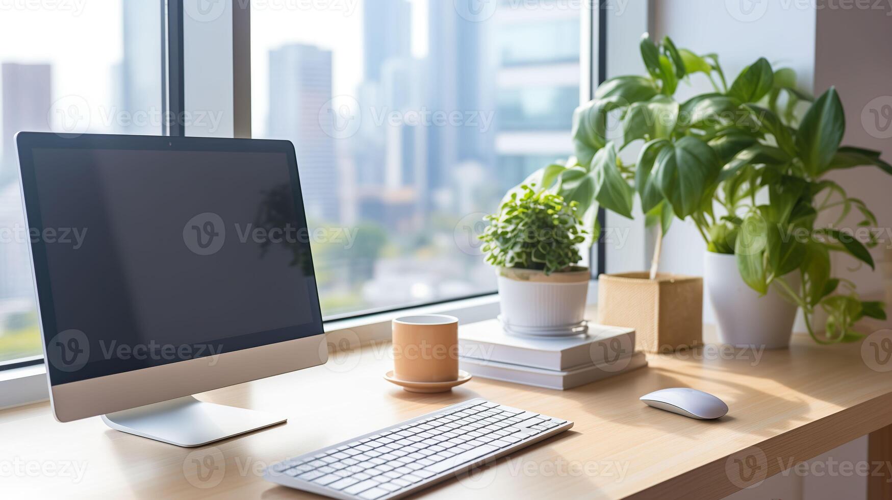 AI generated Modern Workspace, Desktop Computer on a Desk with a View photo