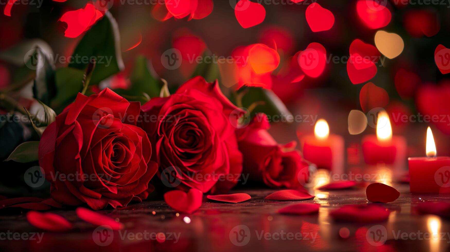 AI generated Valentine background with hearts and red roses, love and romance photo