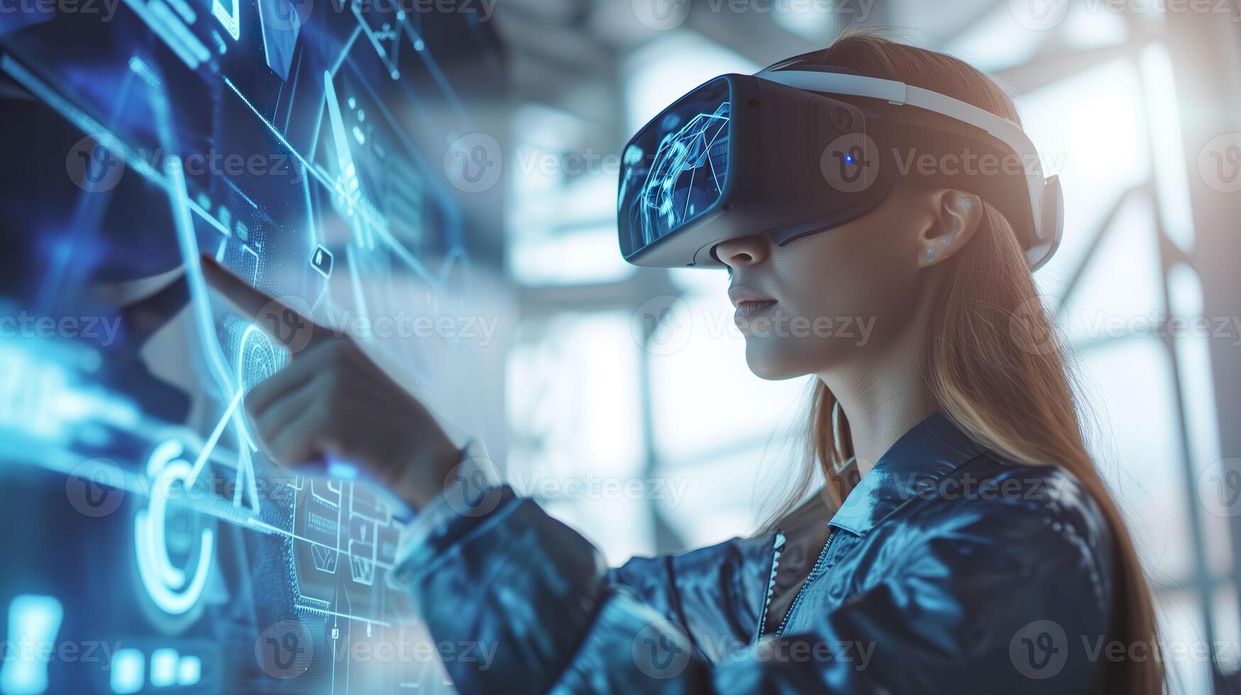 ai generado futurista Arkansas espacio de trabajo, mujer en virtual realidad lentes con holográfico infografía foto