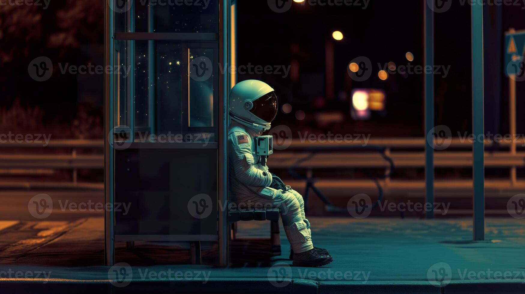 AI generated Cosmic Solitude, Astronaut Contemplating at Night Bus Stop photo