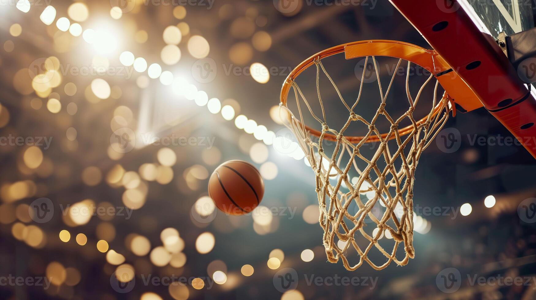 AI generated A basket ball flies into the basket against the background of a basketball arena photo