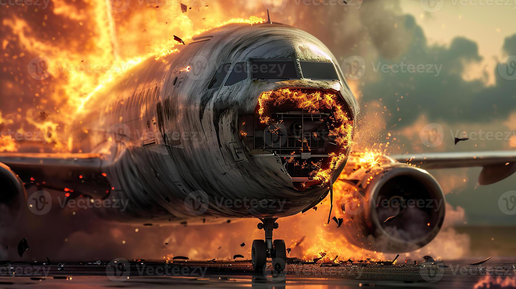 AI generated Airplane Crash Disaster, Burning Plane Wreckage Aftermath photo