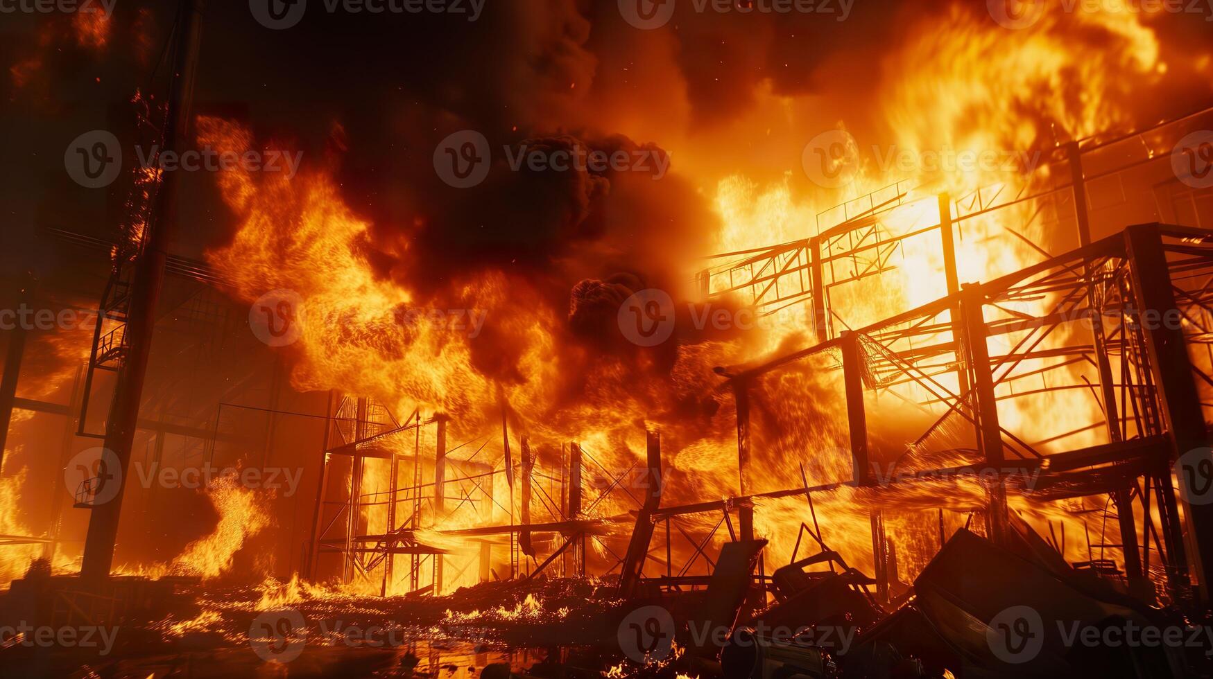 ai generado ardiente desastre, intenso llamas en industrial ajuste foto