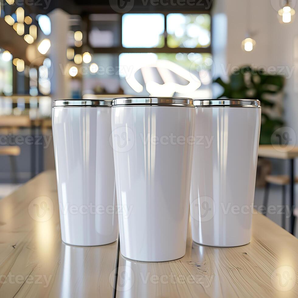 AI generated Stylish Cafe Scene, Tall Tumbler Product Mockup on Wooden Table photo