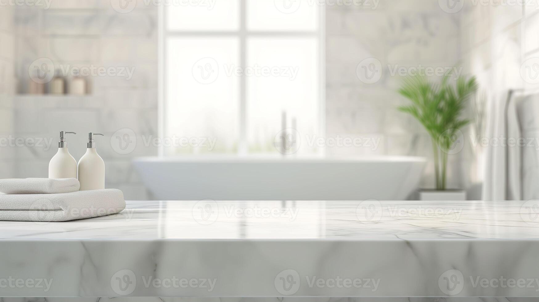 AI generated Modern White Bathroom Interior with Elegant Marble Table Top for Product Display photo