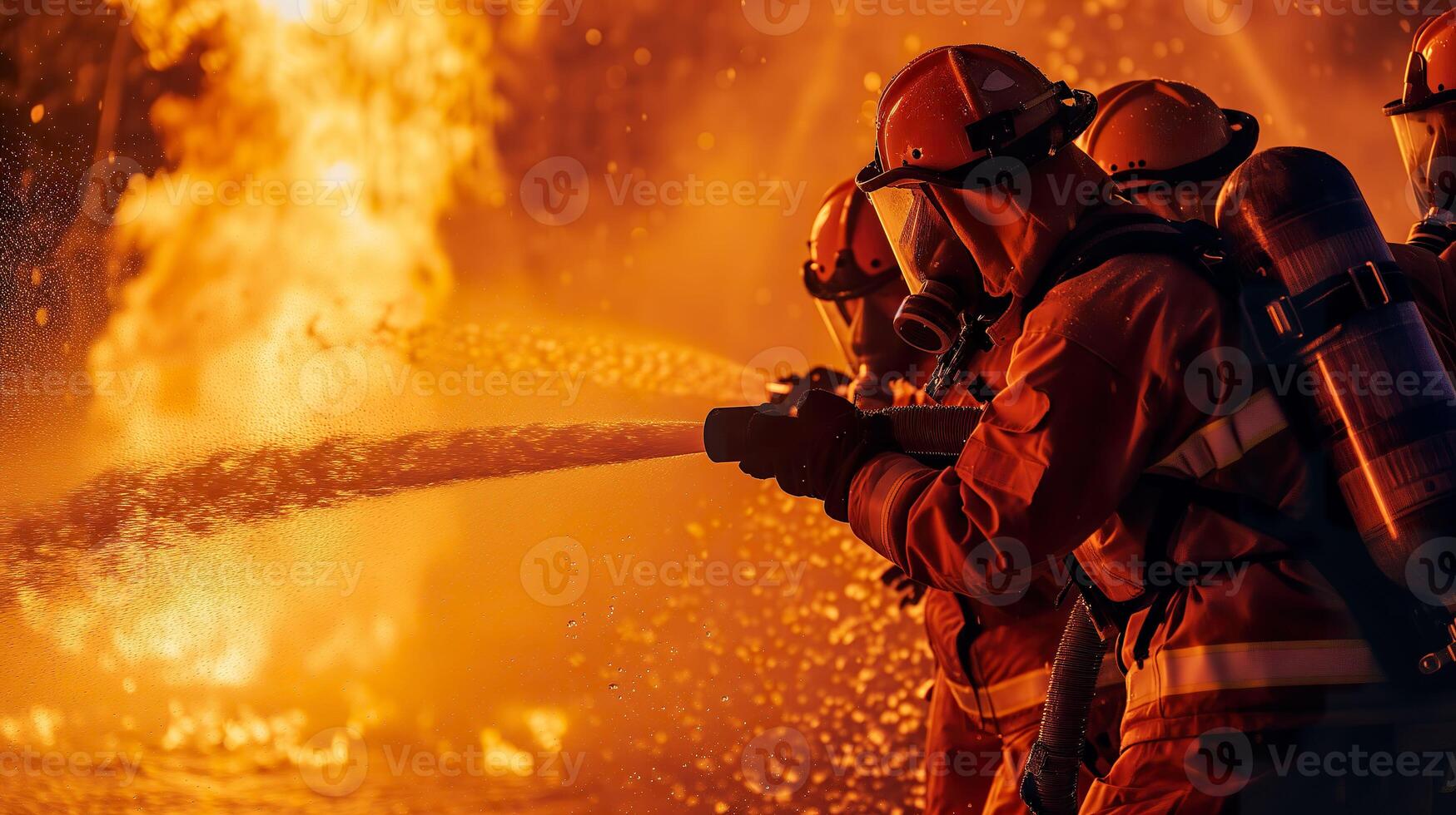 ai generado bombero capacitación, valiente bombero en acción con agua y extintor foto