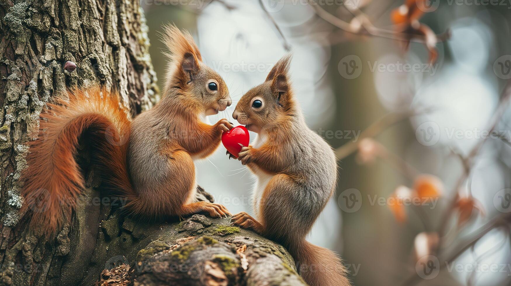 AI generated funny animal valentine's day love wedding celebration concept greeting card cute red squirrel couple on tree trunk in forest holding red heart photo