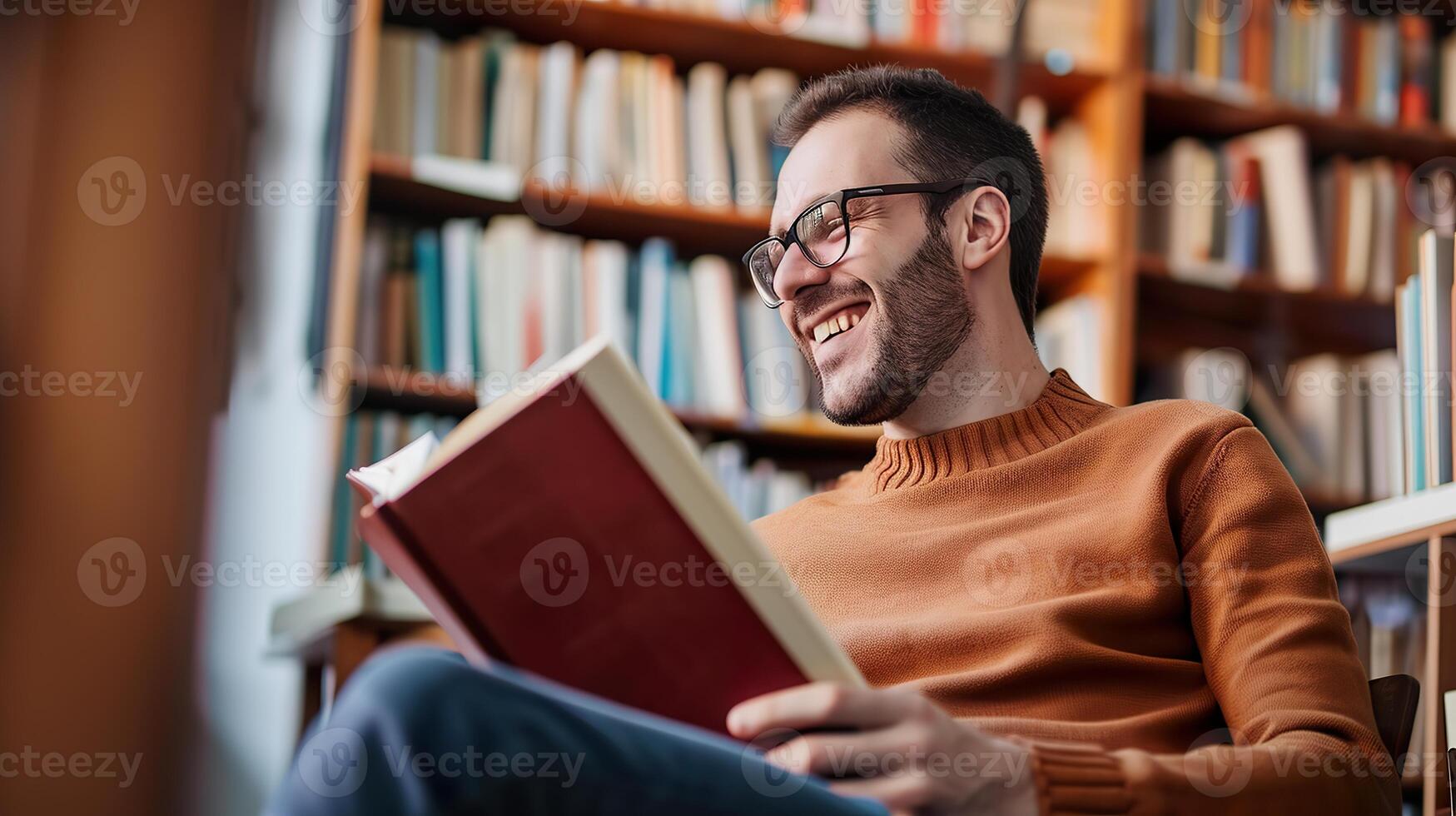 AI generated Happy Man Reading a Book, Leisure and Contentment photo