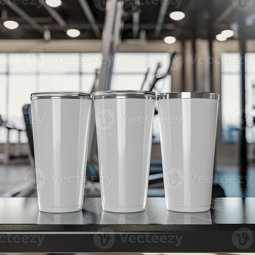 AI generated Fitness Essentials, Short Tumbler Product Mockup on Gym Bench photo