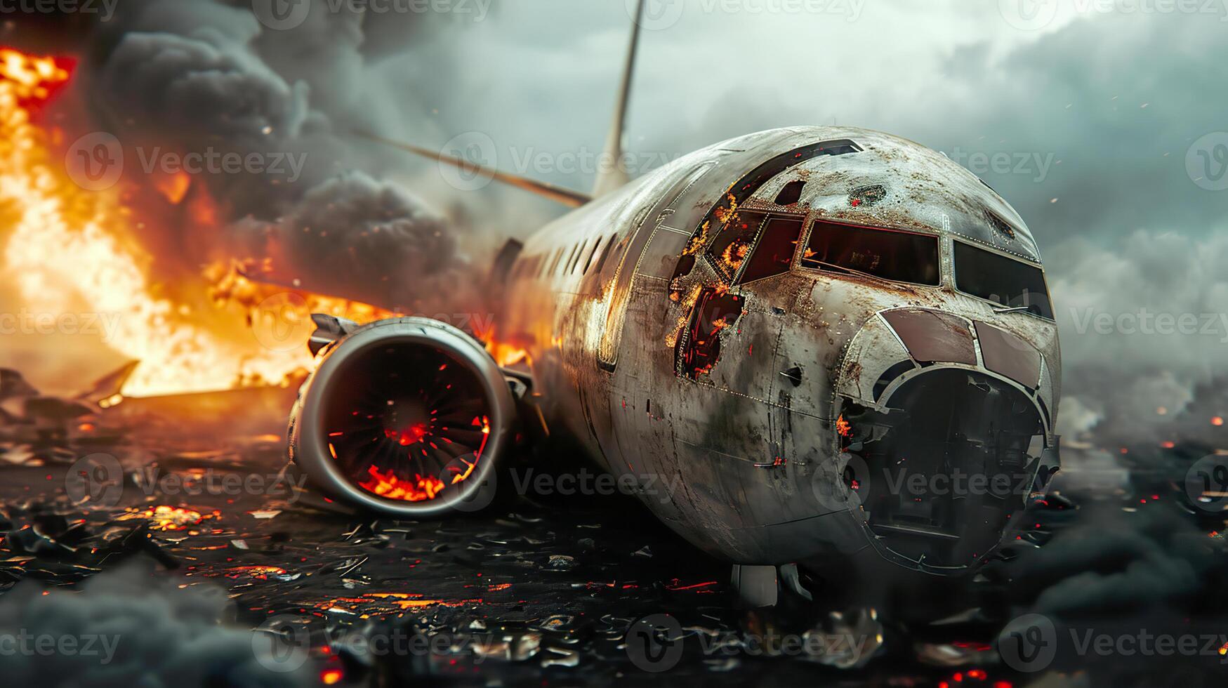 AI generated Airplane Crash Disaster, Burning Plane Wreckage Aftermath photo