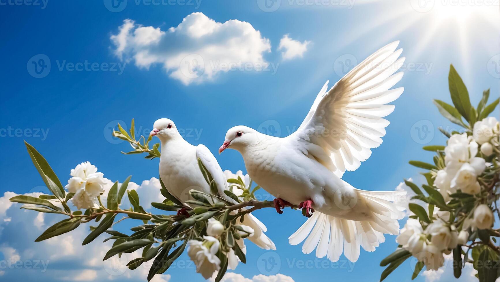 AI generated White dove against the sky with clouds, branch photo